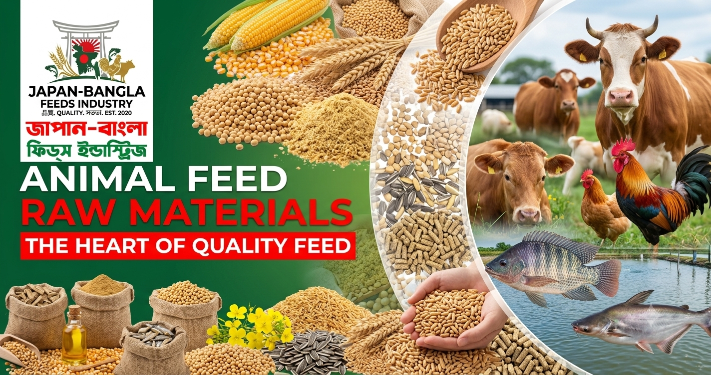 Japan-Bangla Feeds Ind. Ltd. modern factory in Gazipur processing high-quality animal feed raw materials in Bangladesh for poultry, fish, and cattle nutrition.