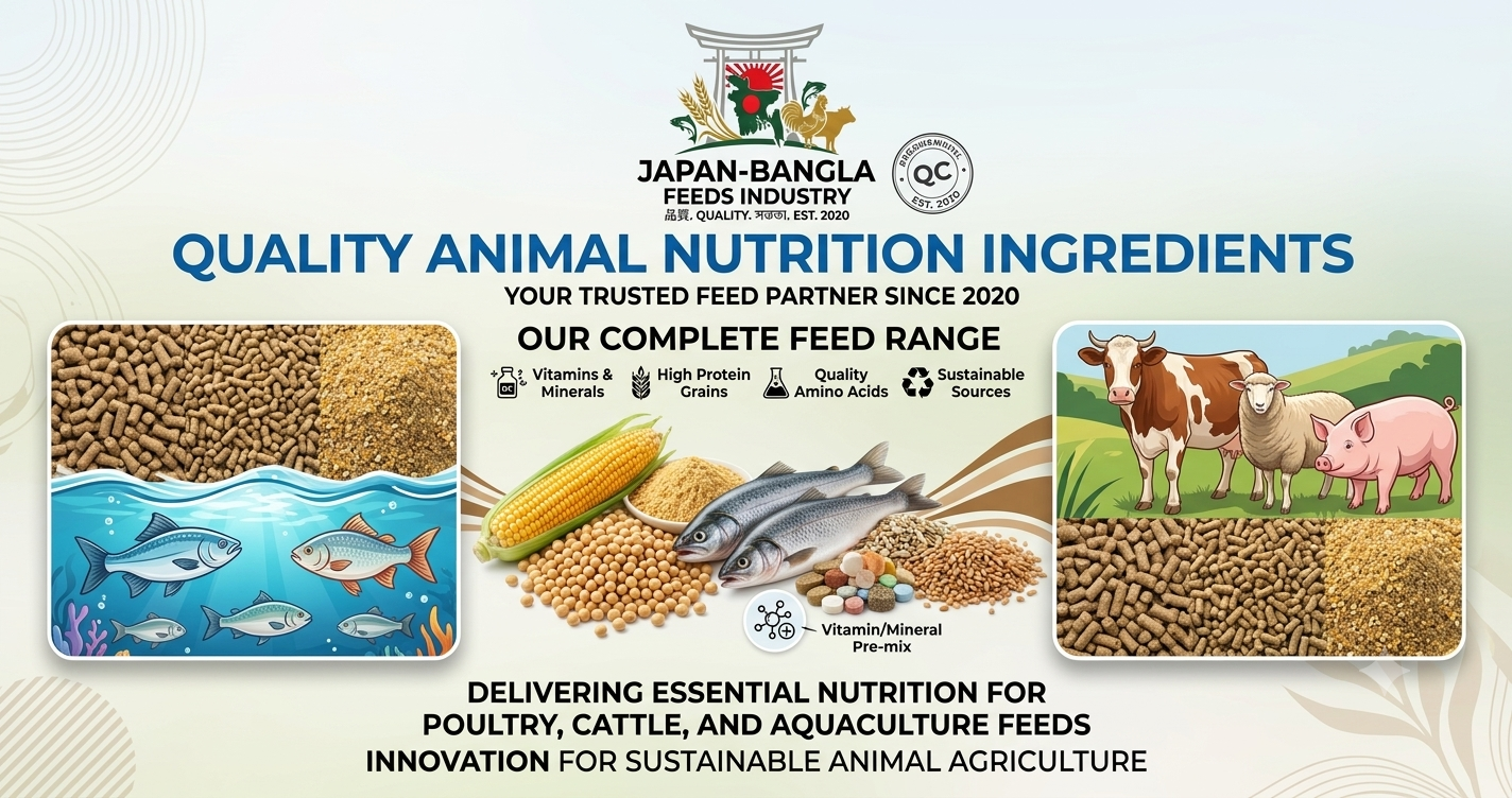 Japan-Bangla Feeds animal nutrition ingredients banner showing high-quality feed pellets for poultry, cattle, and fish farming in Bangladesh