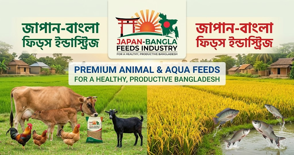 Japan-Bangla Feeds animal nutrition company Bangladesh factory producing high-quality poultry fish cattle feed for better farm results.