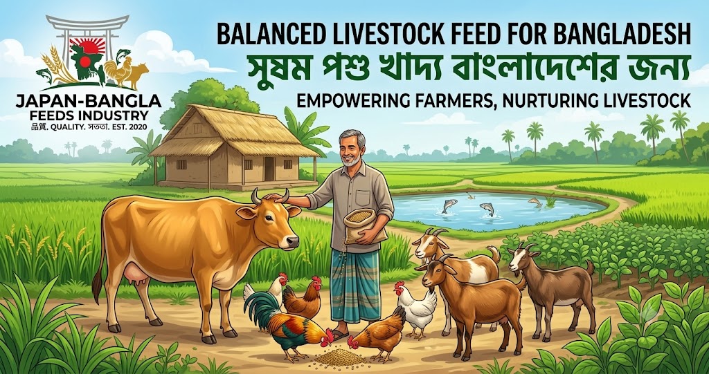 High-quality balanced livestock feed Bangladesh pellets from Japan-Bangla Feeds Ind. Ltd. for healthy cattle, poultry, and fish farming.