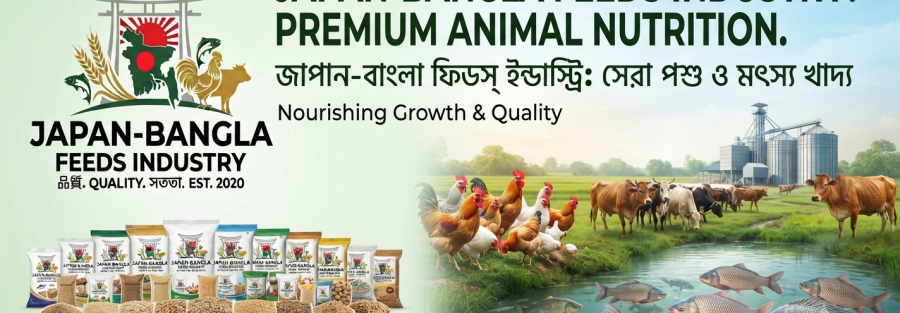 Best animal feed brand in Bangladesh Japan-Bangla Feeds Ind. Ltd. high-quality poultry fish cattle feed bags on modern farm background