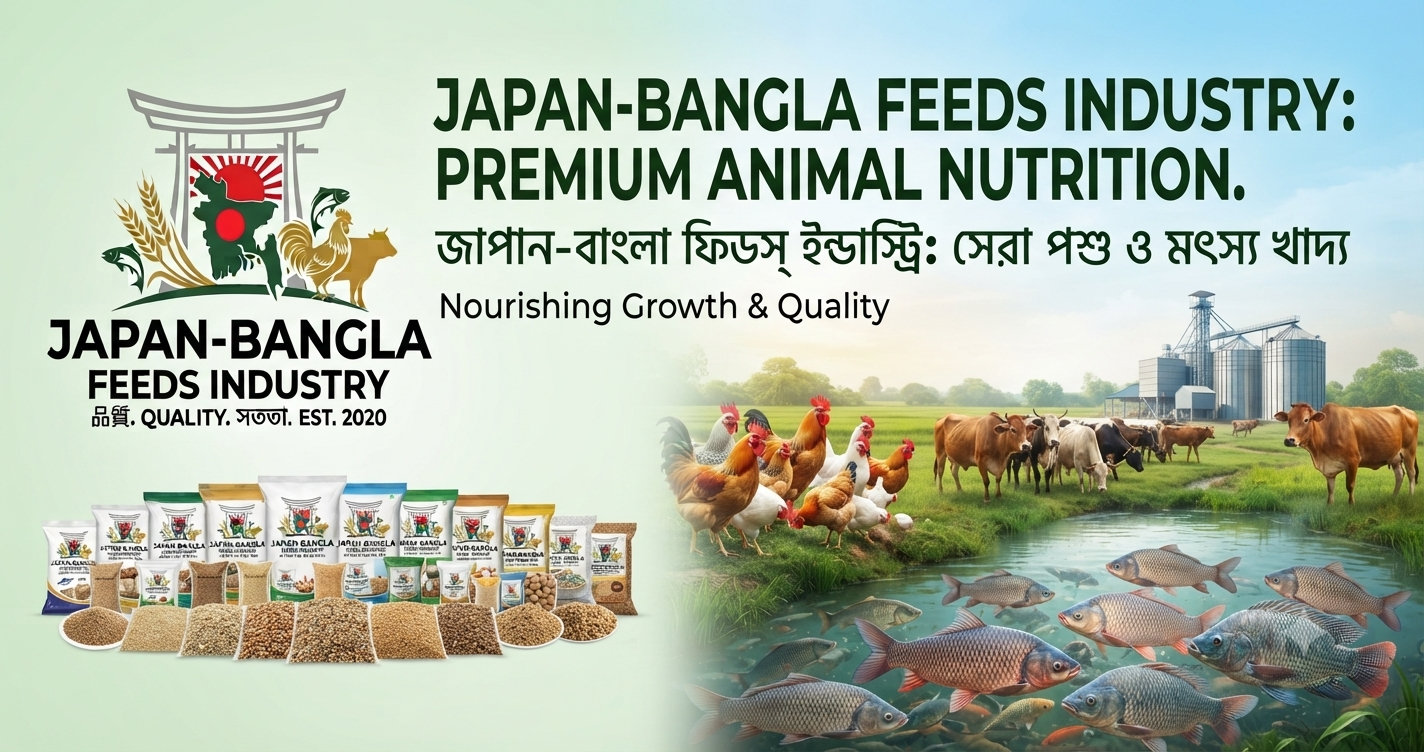 Best animal feed brand in Bangladesh Japan-Bangla Feeds Ind. Ltd. high-quality poultry fish cattle feed bags on modern farm background