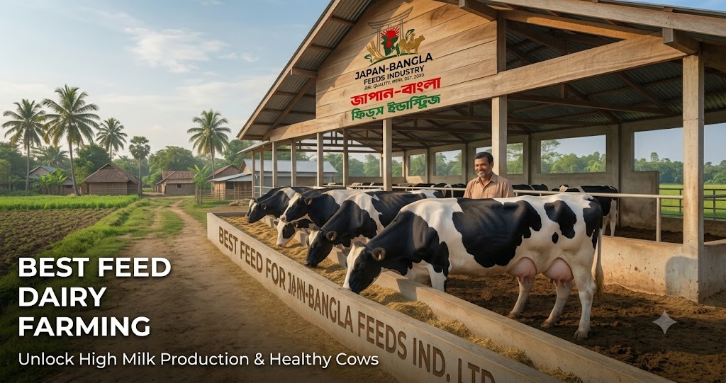 Japan-Bangla Feeds Ind. Ltd. livestock feed solutions Bangladesh - premium poultry fish cattle feed bags in modern factory settings for healthy farm animals.