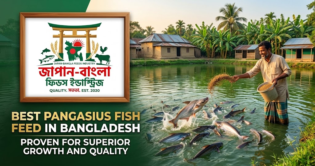 Premium sinking pangasius fish feed pellets from Japan-Bangla Feeds Ind. Ltd. for healthy fish growth in Bangladesh ponds.
