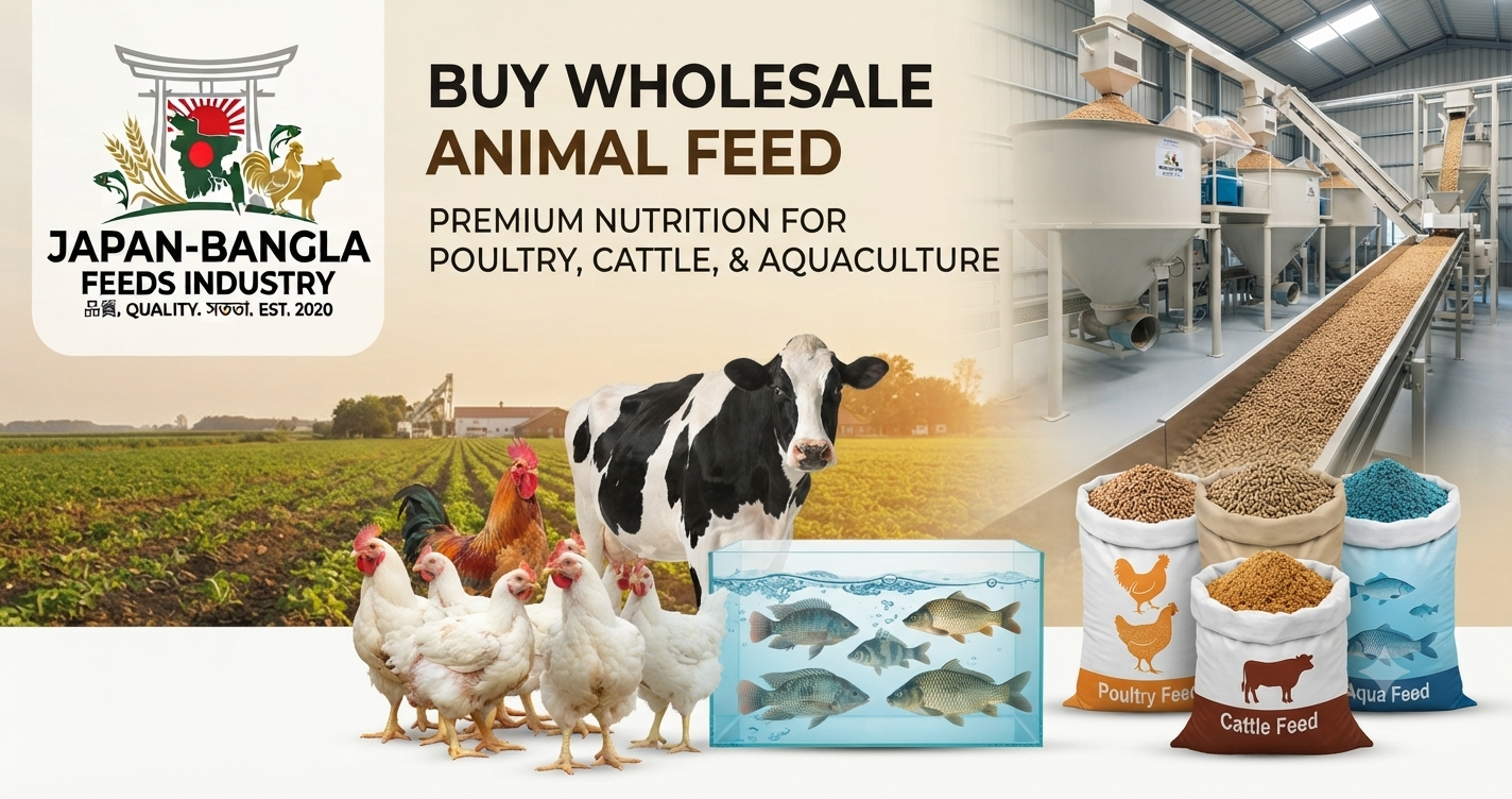 High-quality animal feed bags from Japan-Bangla Feeds Ind. Ltd. for wholesale buyers in Bangladesh – poultry, fish, and cattle nutrition solutions.