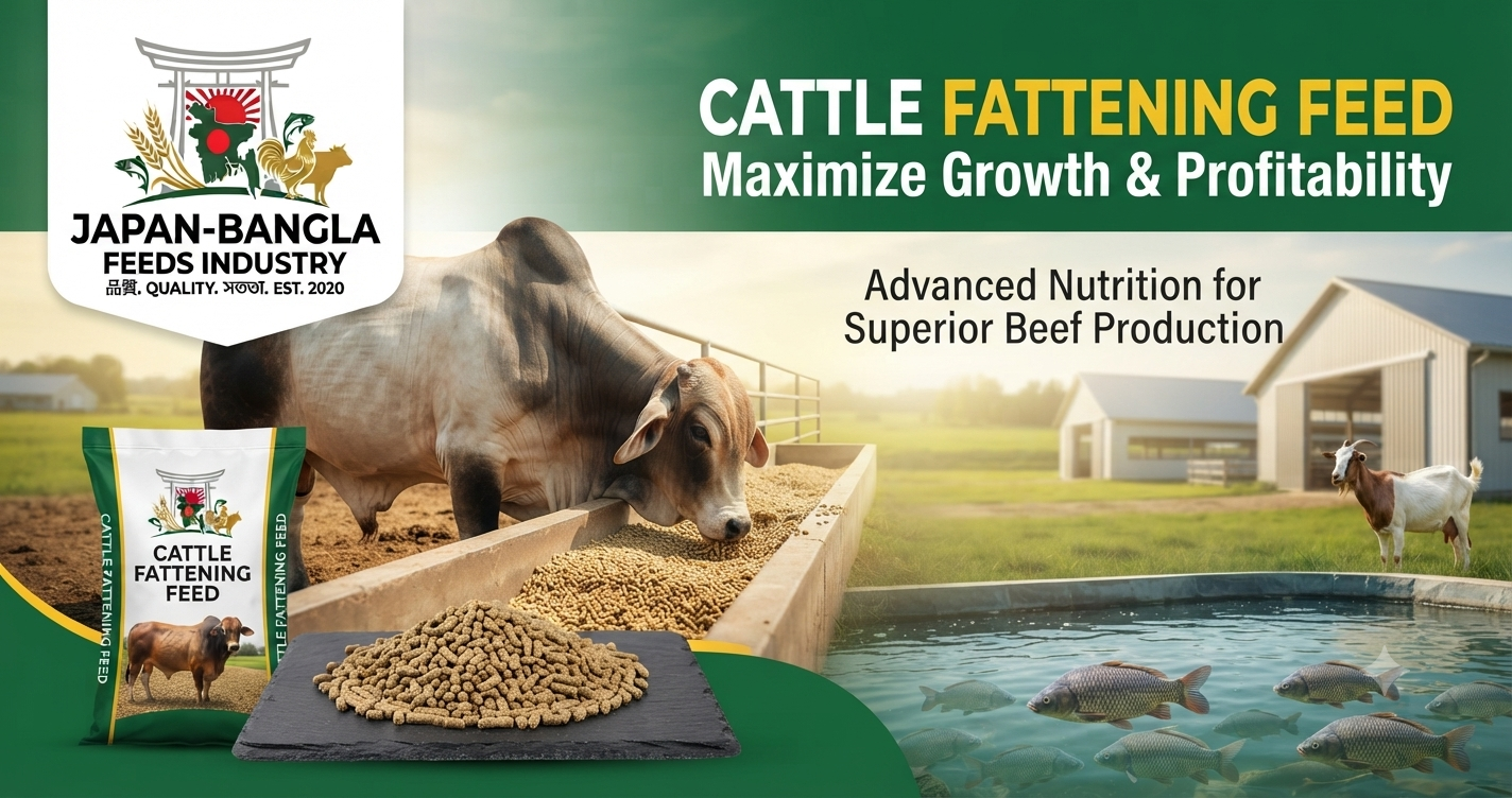 High-quality cattle fattening feed pellets from Japan-Bangla Feeds Ind. Ltd. supporting optimal growth and muscle development in Bangladesh farms.
