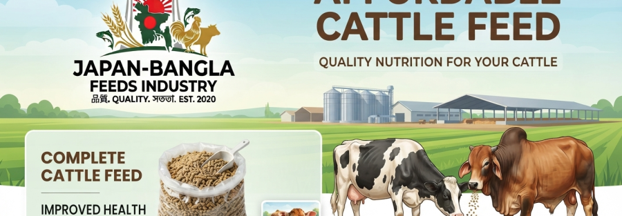 High-quality cattle feed bags from Japan-Bangla Feeds Ind. Ltd. displayed with healthy cows in Bangladesh farm setting for optimal dairy and beef production