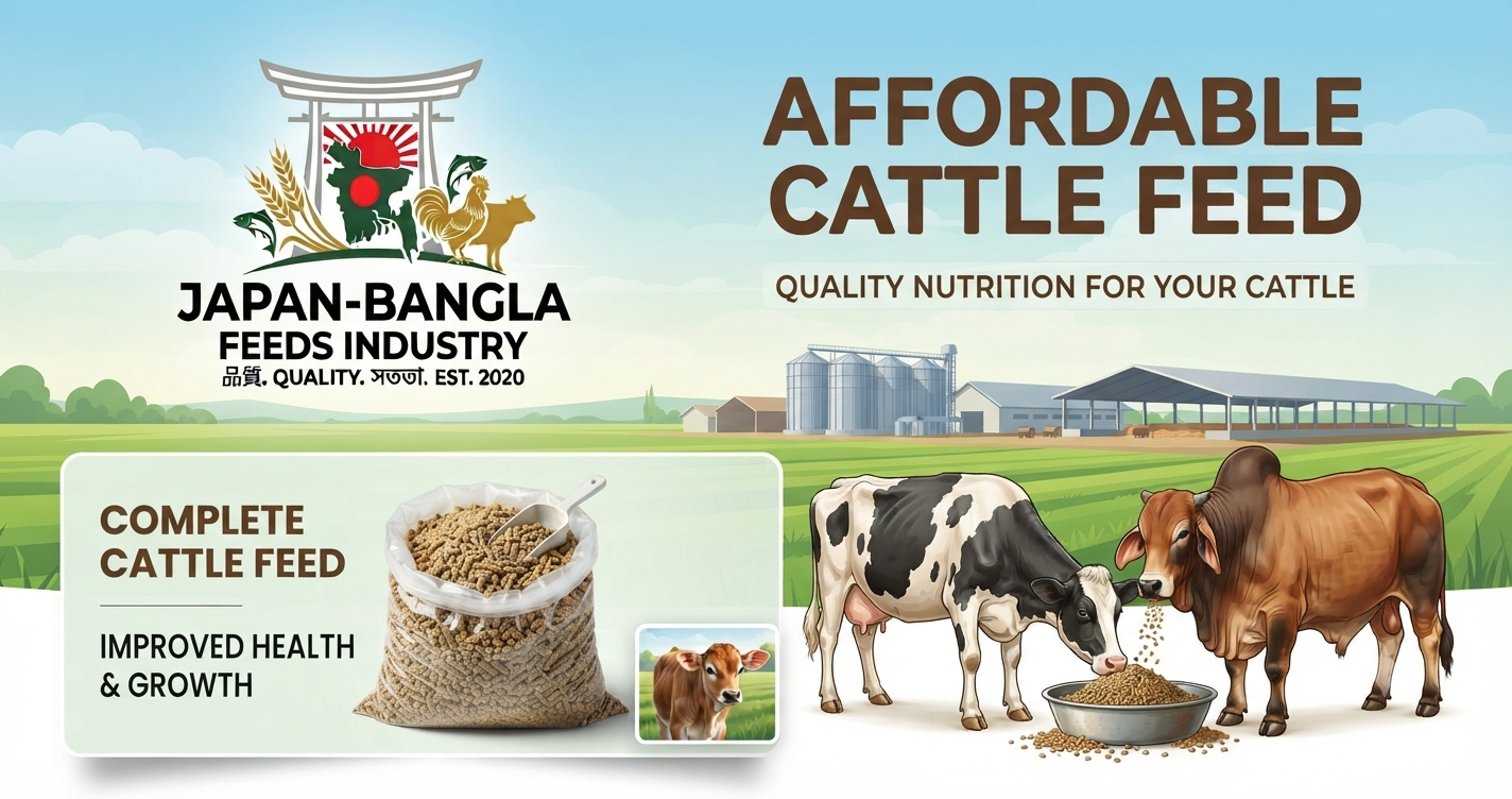 High-quality cattle feed bags from Japan-Bangla Feeds Ind. Ltd. displayed with healthy cows in Bangladesh farm setting for optimal dairy and beef production