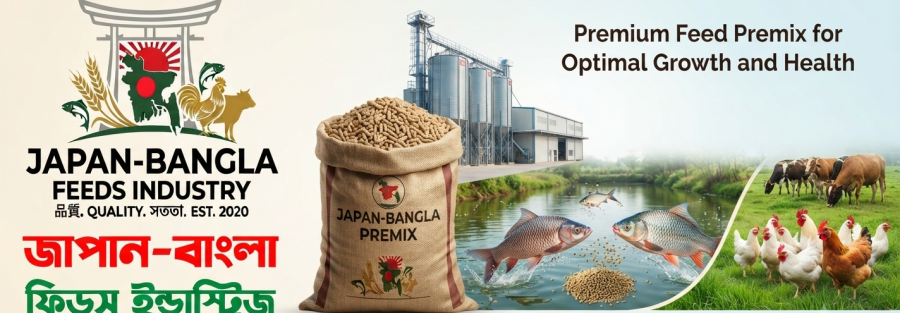 High-quality feed premix bags from Japan-Bangla Feeds Ind. Ltd., the leading Feed Premix Supplier Bangladesh for poultry and livestock farms.