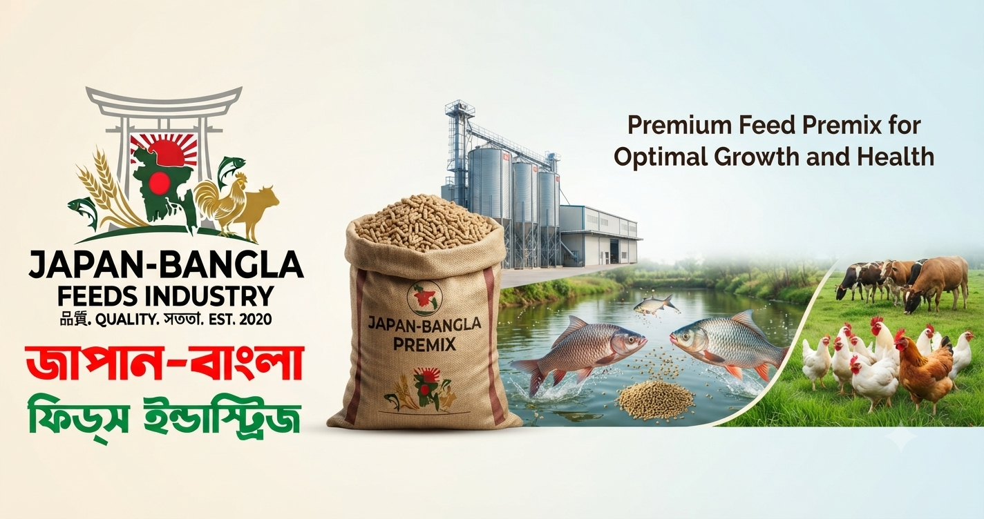 High-quality feed premix bags from Japan-Bangla Feeds Ind. Ltd., the leading Feed Premix Supplier Bangladesh for poultry and livestock farms.