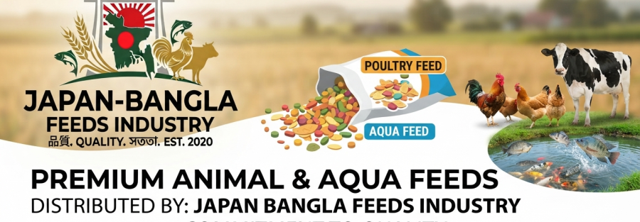 "Japan-Bangla Feeds Ind. Ltd. high-quality poultry feed bags ready for distribution in Bangladesh farms" "Modern feed production facility of Japan-Bangla Feeds Ind. Ltd. in Gazipur, Bangladesh" "Healthy poultry and fish thriving on Japan-Bangla Feeds Ind. Ltd. nutrition"
