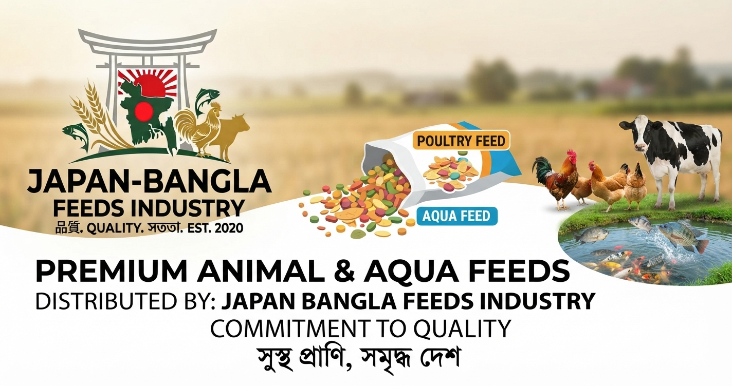 "Japan-Bangla Feeds Ind. Ltd. high-quality poultry feed bags ready for distribution in Bangladesh farms" "Modern feed production facility of Japan-Bangla Feeds Ind. Ltd. in Gazipur, Bangladesh" "Healthy poultry and fish thriving on Japan-Bangla Feeds Ind. Ltd. nutrition"
