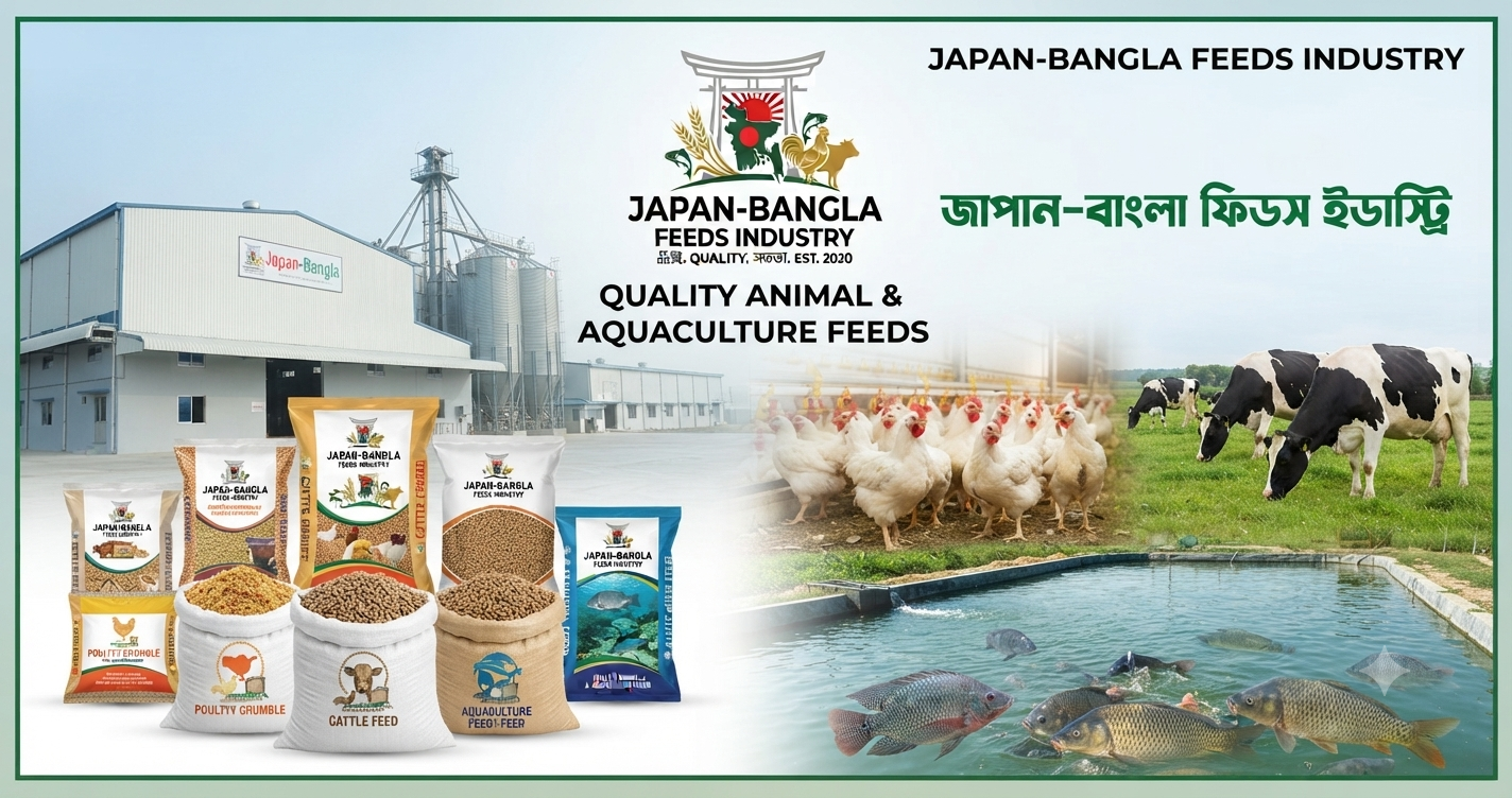 Modern feed factory in Bangladesh operated by Japan-Bangla Feeds Ind. Ltd. producing premium poultry fish and cattle feeds.