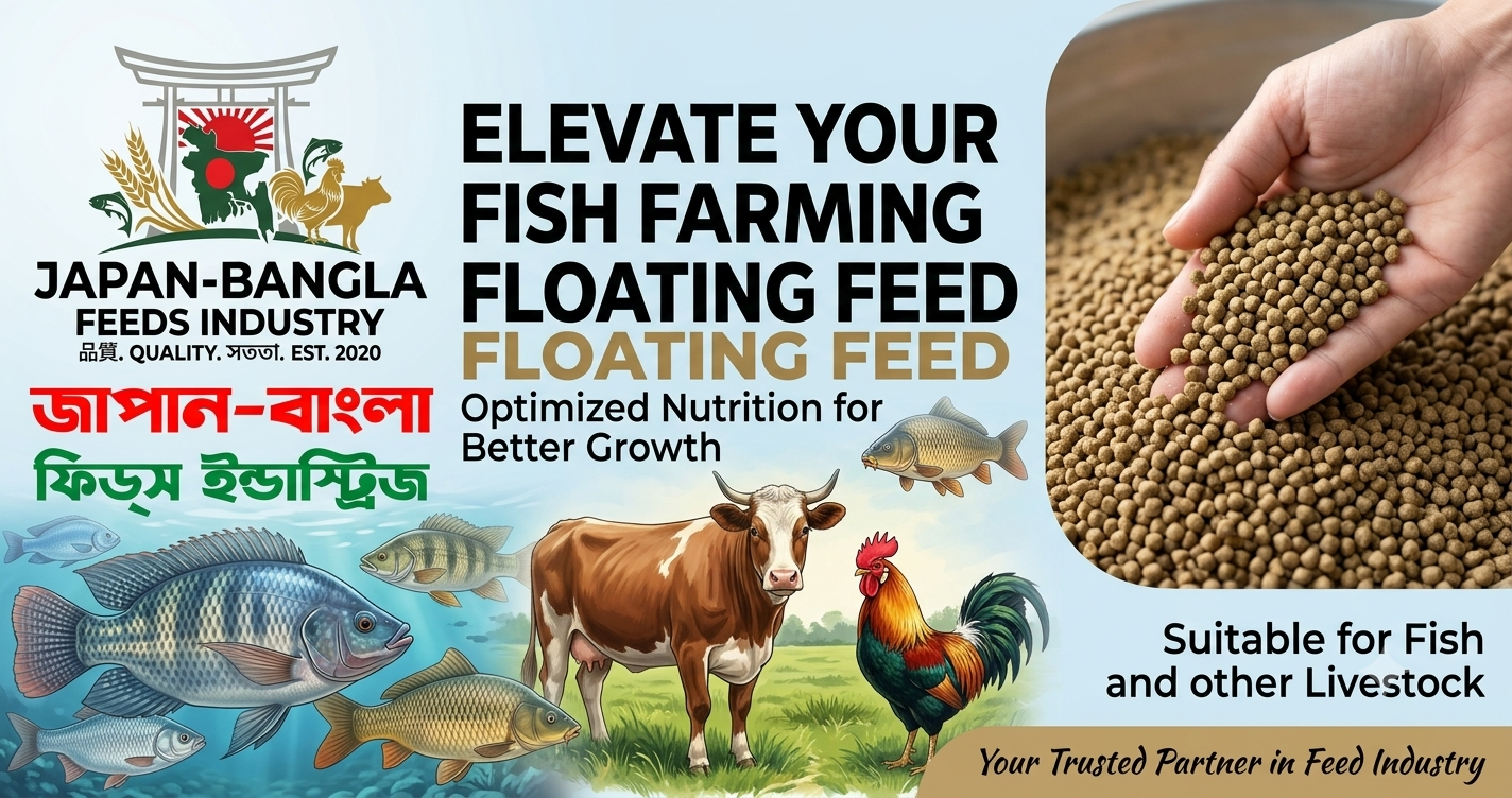 Japan-Bangla Feeds floating fish feed pellets for efficient fish farming in Bangladesh ponds.