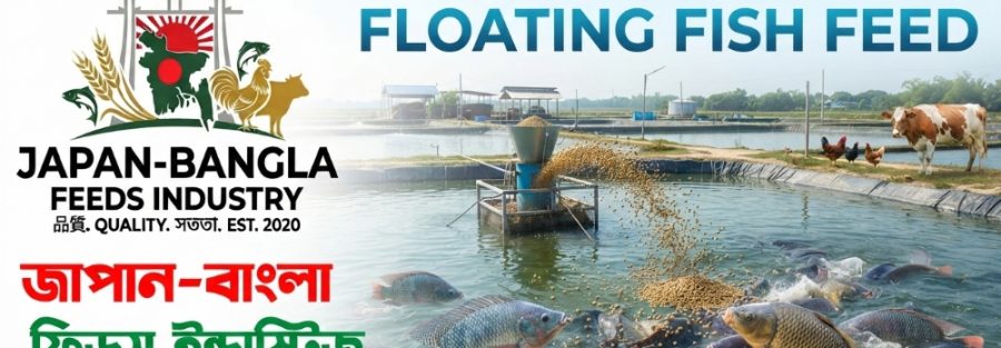 High-quality floating fish feed pellets from Japan-Bangla Feeds Ind. Ltd. floating on pond water in Bangladesh for optimal aquaculture nutrition.