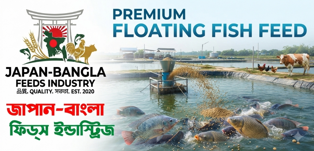 High-quality floating fish feed pellets from Japan-Bangla Feeds Ind. Ltd. floating on pond water in Bangladesh for optimal aquaculture nutrition.