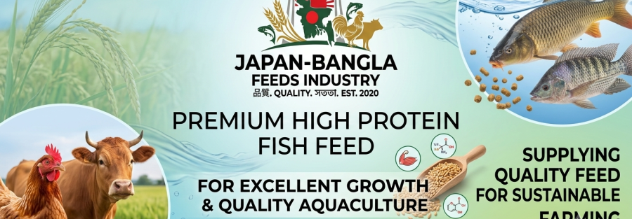 High protein fish feed pellets from Japan-Bangla Feeds Ind. Ltd. floating in clear pond water promoting healthy fish growth