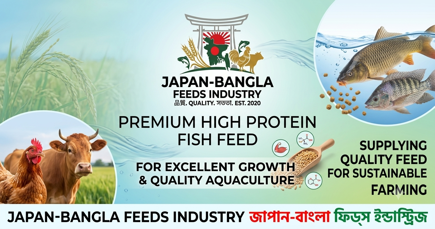 High protein fish feed pellets from Japan-Bangla Feeds Ind. Ltd. floating in clear pond water promoting healthy fish growth