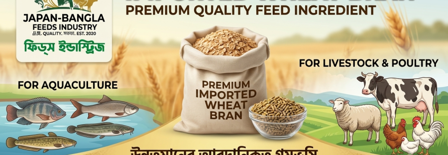 High-quality imported wheat bran sacks supplied by Japan-Bangla Feeds Ind. Ltd. for animal feed in Bangladesh