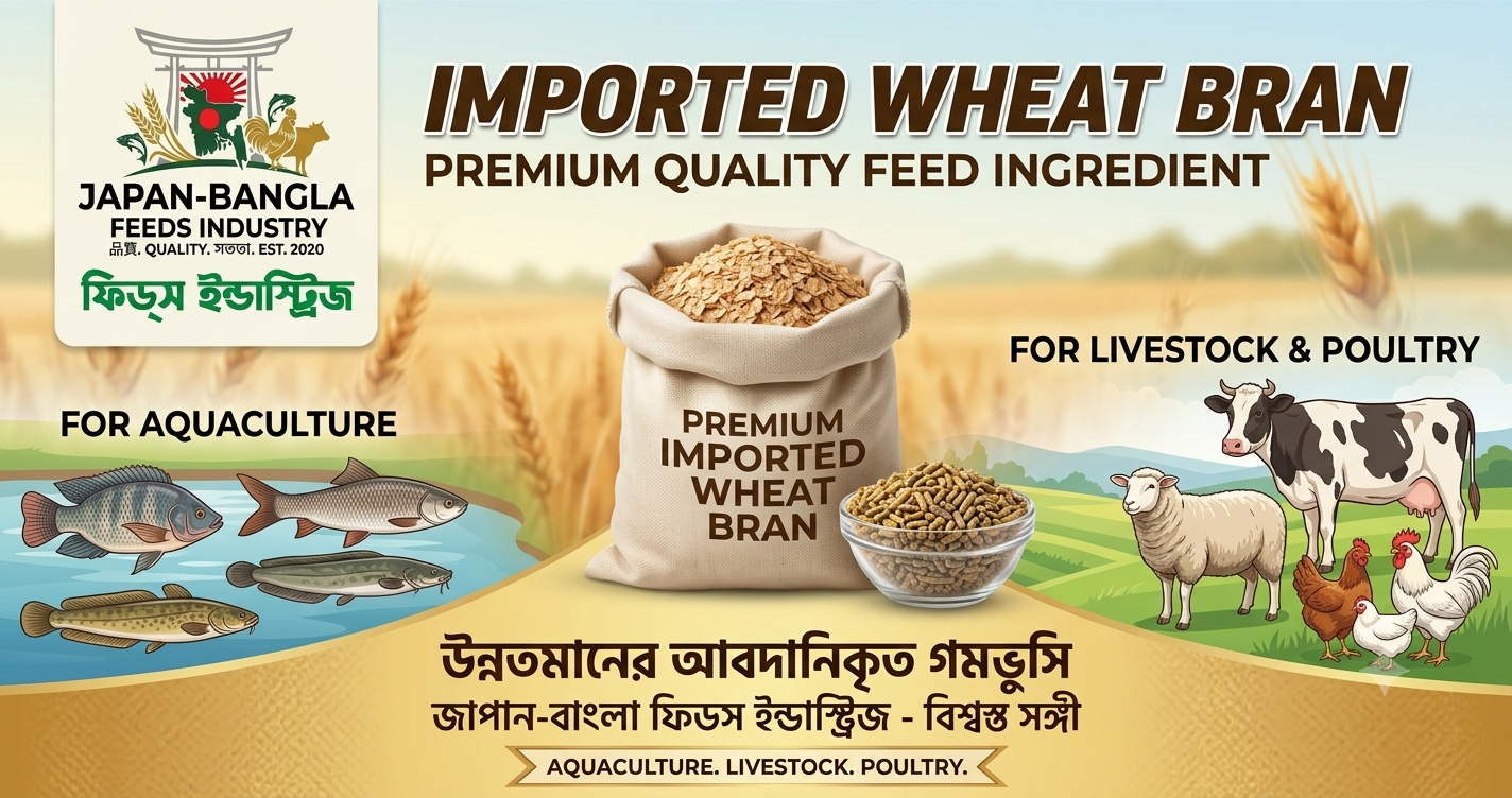 High-quality imported wheat bran sacks supplied by Japan-Bangla Feeds Ind. Ltd. for animal feed in Bangladesh