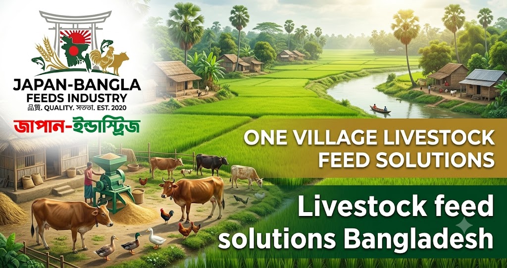 Japan-Bangla Feeds Ind. Ltd. livestock feed solutions Bangladesh - premium poultry fish cattle feed bags in modern factory settings for healthy farm animals.