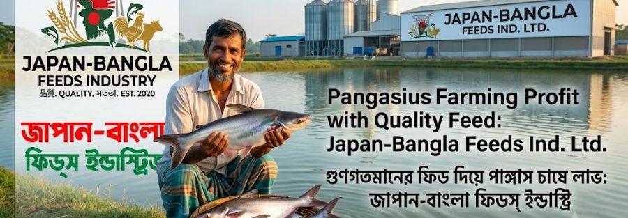 Pangasius fish thriving in a well-managed pond with premium quality feed pellets from Japan-Bangla Feeds for maximum farming profit.