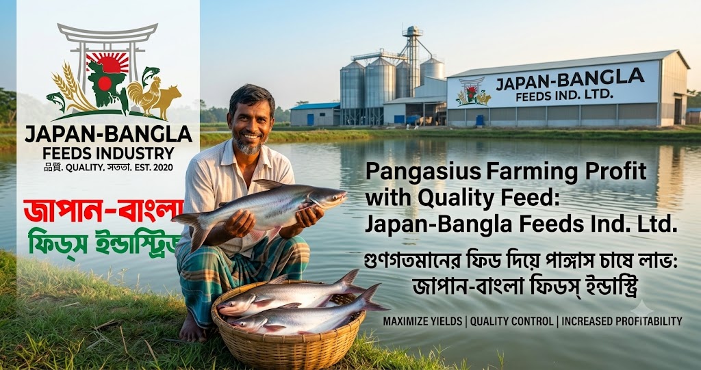 Pangasius fish thriving in a well-managed pond with premium quality feed pellets from Japan-Bangla Feeds for maximum farming profit.