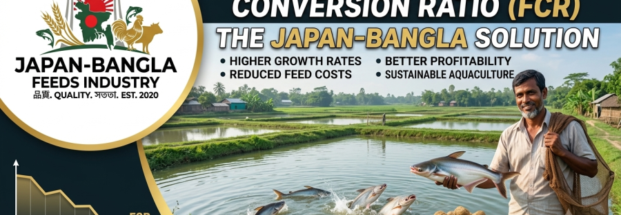 Pangasius fish thriving in a clean pond with high-quality sinking feed pellets from Japan-Bangla Feeds Ind. Ltd. for optimal feed conversion ratio improvement.