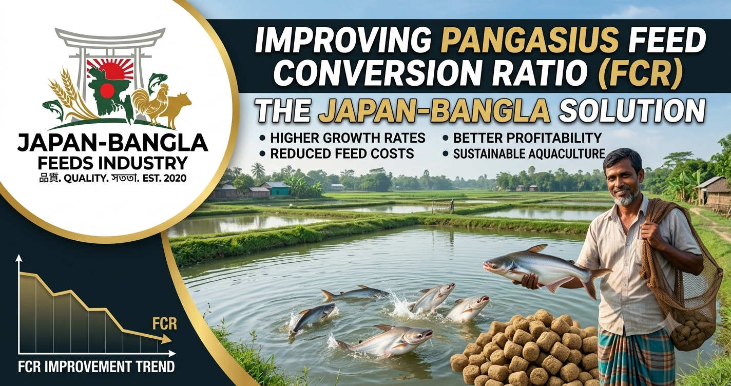 Pangasius fish thriving in a clean pond with high-quality sinking feed pellets from Japan-Bangla Feeds Ind. Ltd. for optimal feed conversion ratio improvement.