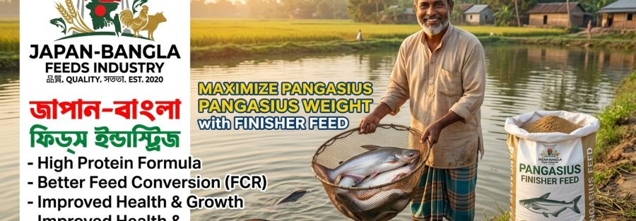 Pangasius finisher feed pellets from Japan-Bangla Feeds Ind. Ltd. for maximum weight gain in aquaculture ponds.