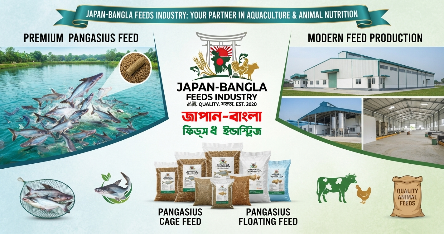 Premium Pangasius fish feed pellets from Japan-Bangla Feeds Ind. Ltd., the trusted Pangasius fish feed supplier in Bangladesh for healthy fish farming.