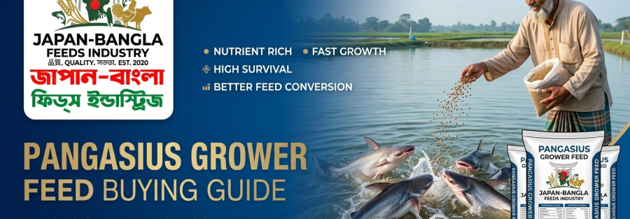 High-quality Pangasius grower feed pellets from Japan-Bangla Feeds Ind. Ltd. for healthy fish growth in Bangladesh ponds.