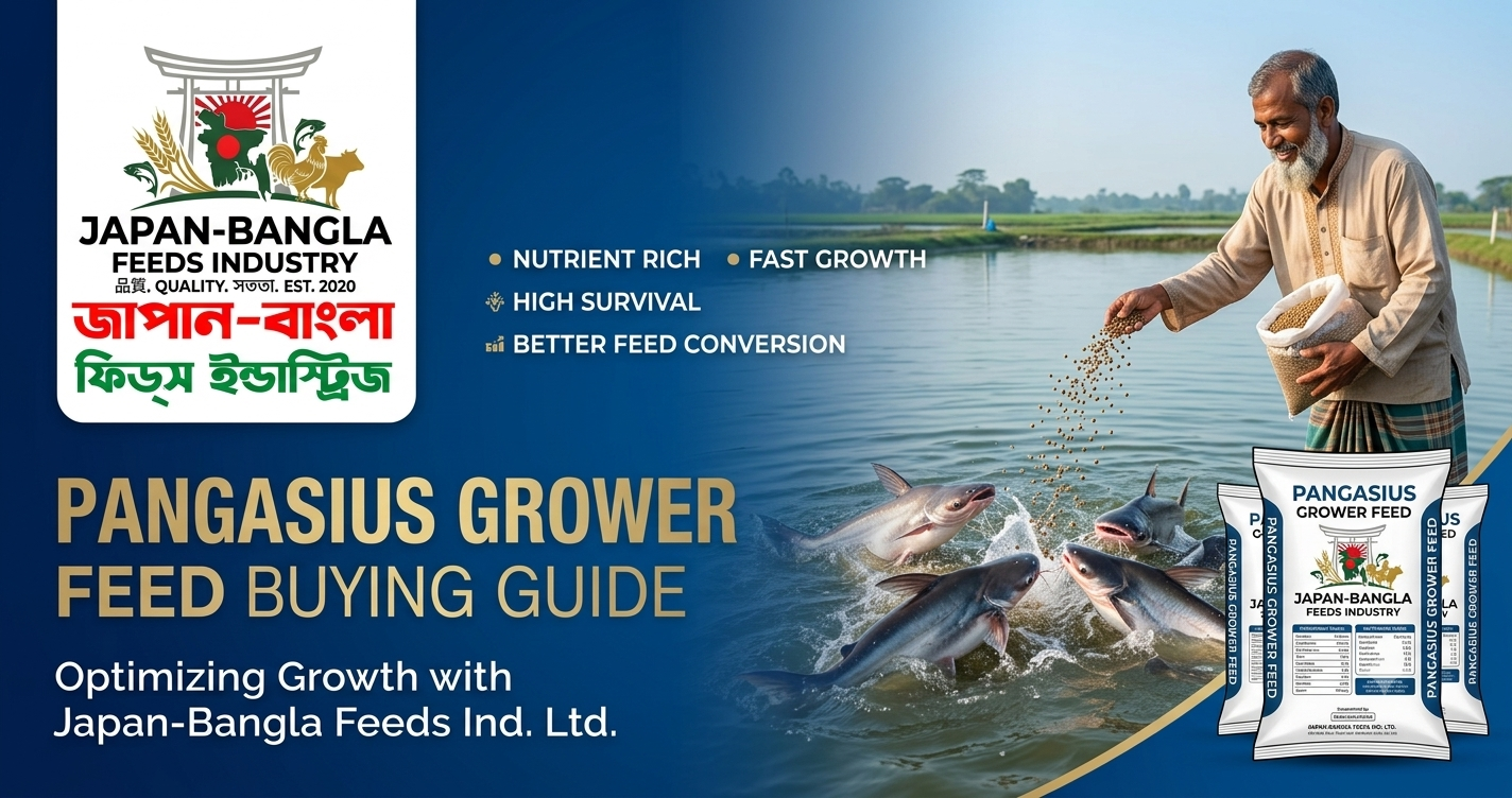 High-quality Pangasius grower feed pellets from Japan-Bangla Feeds Ind. Ltd. for healthy fish growth in Bangladesh ponds.