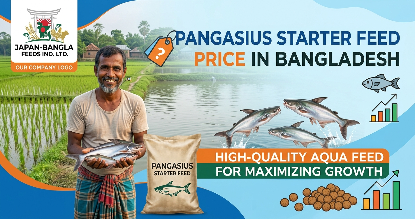 Pangasius starter feed bags from Japan-Bangla Feeds Ind. Ltd. displayed for aquaculture farmers in Bangladesh