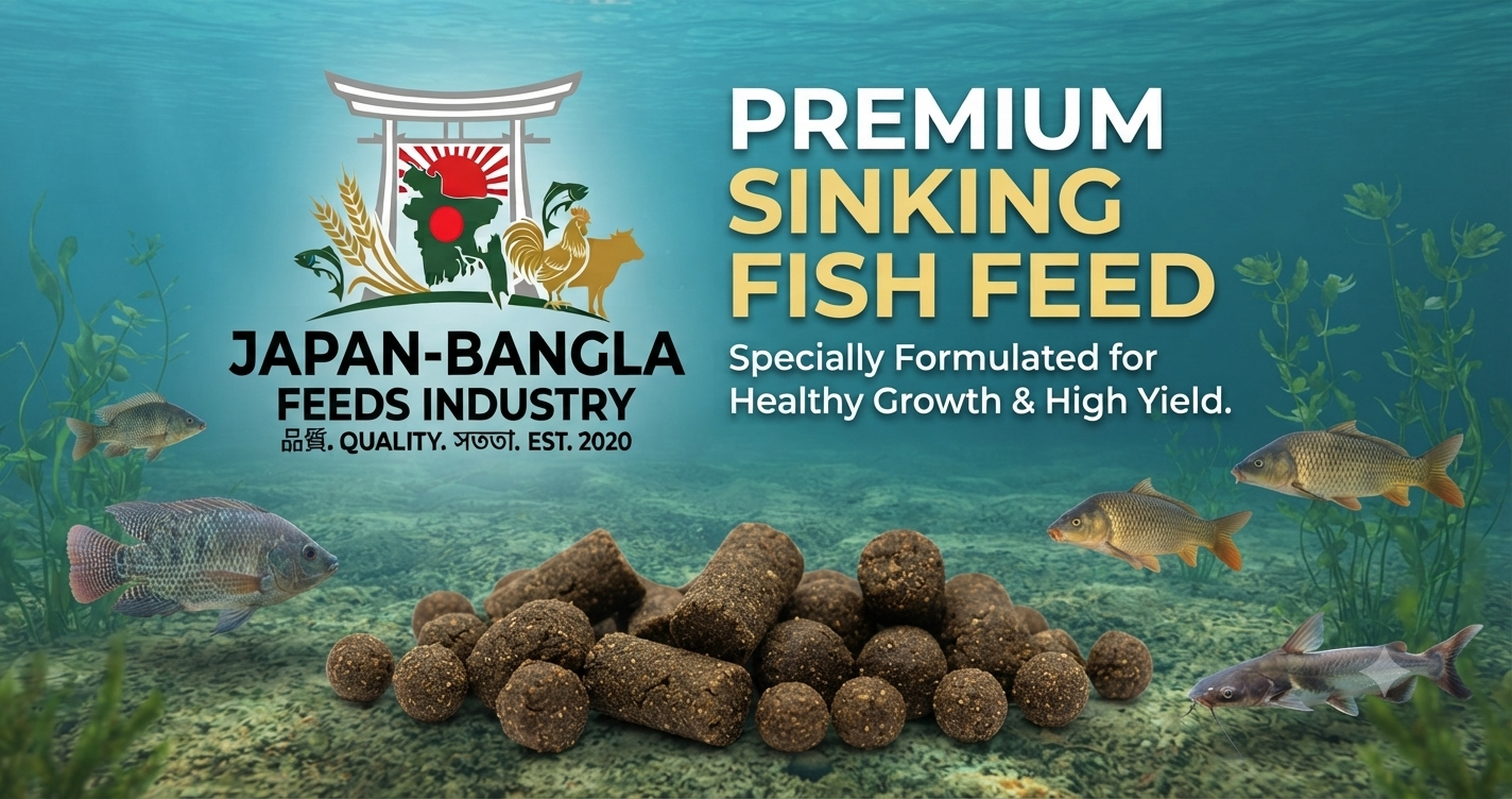 High-quality sinking fish feed pellets from Japan-Bangla Feeds Ind. Ltd., the trusted sinking fish feed supplier in Bangladesh for healthy fish farming.