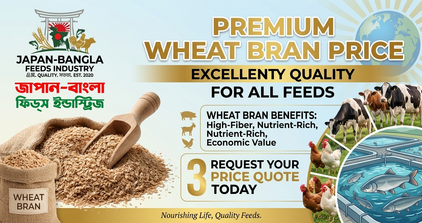 High-quality wheat bran bags from Japan-Bangla Feeds Ind. Ltd. displayed for animal feed use in Bangladesh farms.